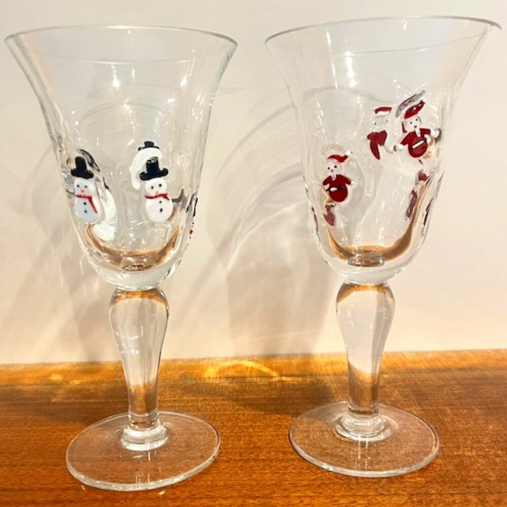 Set of (2) Crate & Barrel 8oz Blown Glass Fused Snowmen Santa Wine Goblet Glass